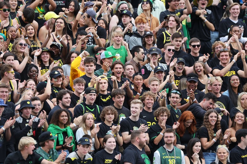 Oregon students cheer during game against BYU at Autzen Stadium in Eugene, Ore., on Saturday, Sept. 17, 2022.