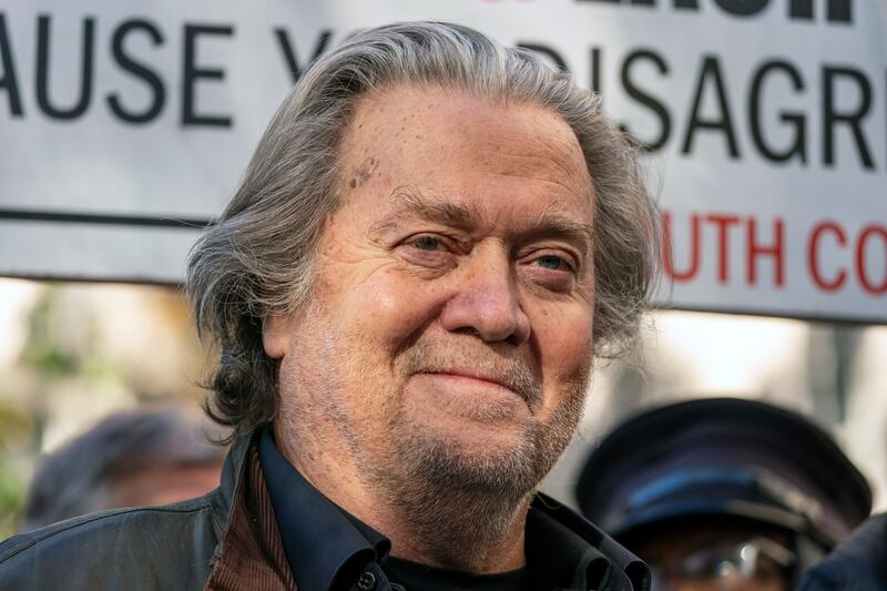 Former White House strategist Steve Bannon pauses to speak with reporters after departing federal court Nov. 15, 2021, in Washington. Several witnesses sought by the Jan. 6 committee investigating the insurrection at the Capitol are being held in contempt of Congress, including Bannon.
