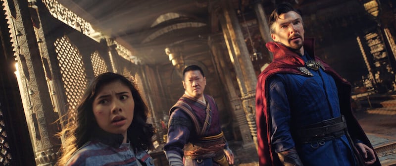 Xochitl Gomez, Benedict Wong and Benedict Cumberbatch in “Doctor Strange in the Multiverse of Madness.”