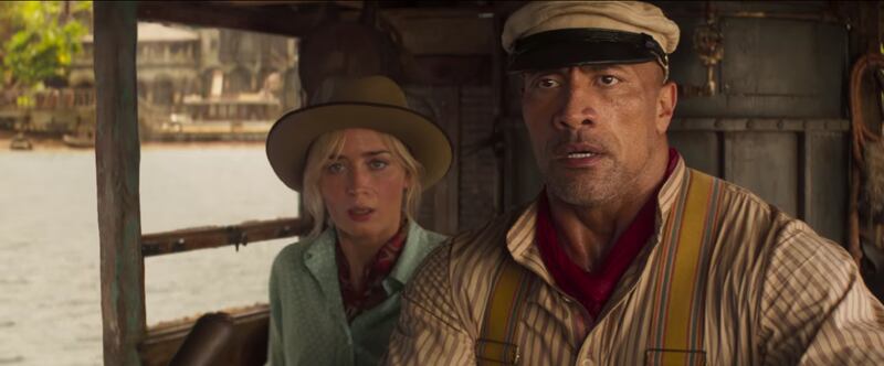 Emily Blunt as “Lily Houghton” and Dwayne Johnson as “Frank” in Disney’s “Jungle Cruise.”