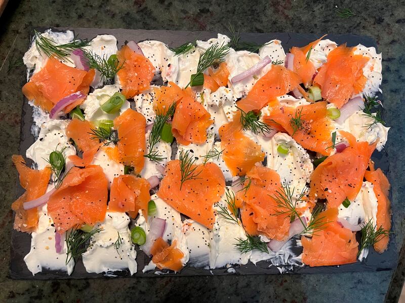 This October 2022 photo shows a cream cheese and smoked salmon board created by Suzie Cornell.