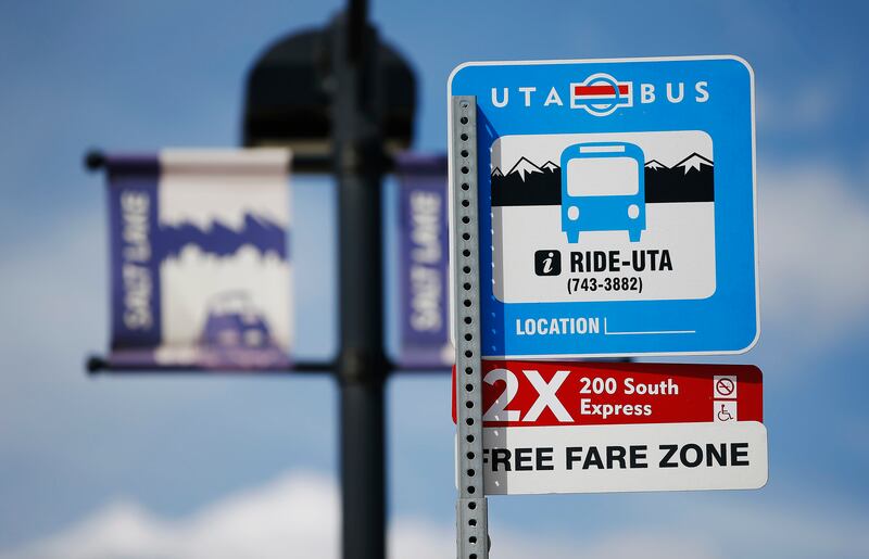 A sign for a UTA bus stop at the intermodal hub in Salt Lake City on Thursday, March 29, 2018.