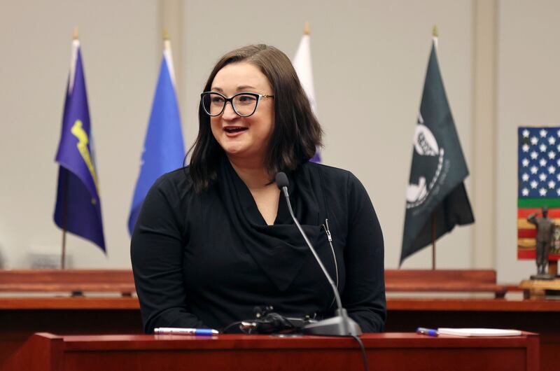 Air Force veteran and Veteran’s Court graduate Amber Anderton speaks during a Veteran’s Court graduation ceremony at the Matheson Courthouse in Salt Lake City on Thursday. Four veterans on Thursday celebrated new beginnings when they graduated from the Utah Veterans Court program after overcoming post-service challenges.
