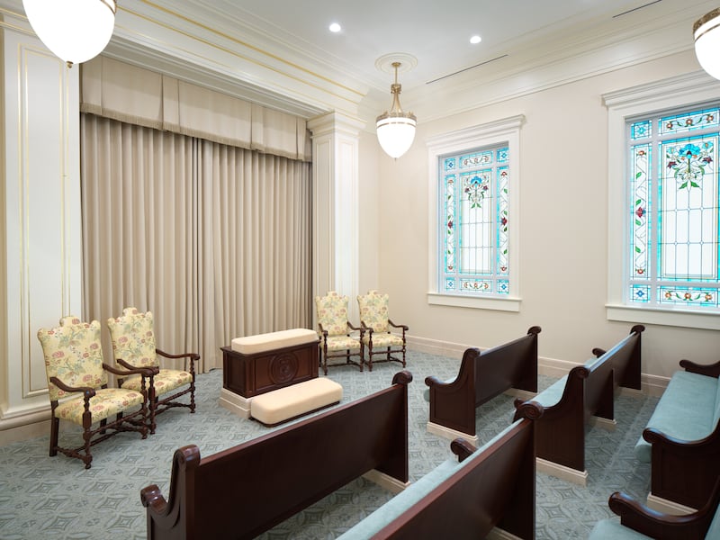 An instruction room inside the Miraflores Guatemala City Guatemala Temple.