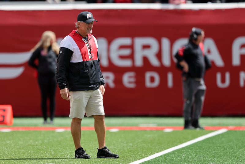 Utah head coach Kyle Whittingham watches the action at Rice-Eccles Stadium during annual Red and White Game in 2022.