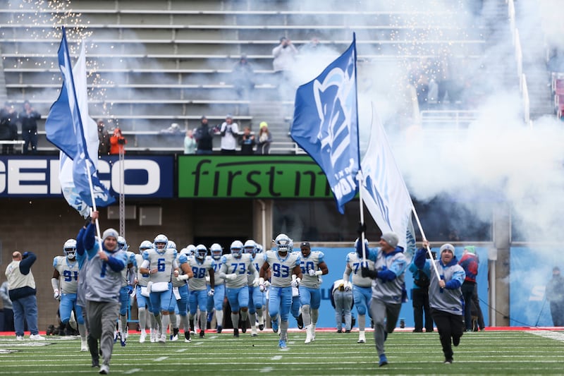 The Salt Lake Stallions take the field before playing the Arizona Hotshots at Rice-Eccles Stadium in Salt Lake City on Saturday, Feb. 23, 2019.