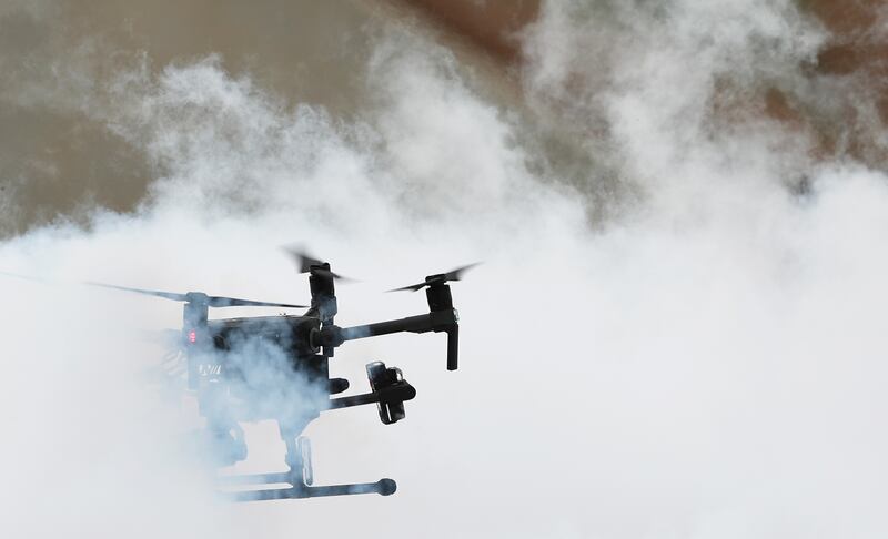 A drone hovers over a cloud of liquid nitrogen during a workshop on the Goshute Skull Valley Reservation on Tuesday, June 25, 2019. The two-day workshop for emergency responders was hosted by Deseret Unmanned Aerial Systems.