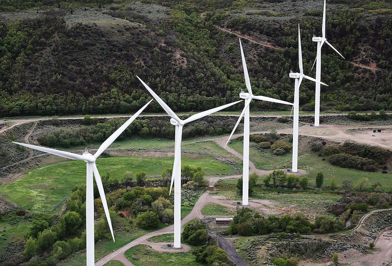 Windmills turn at the mouth of Spanish Fork Canyon on Tuesday, April 26, 2016.