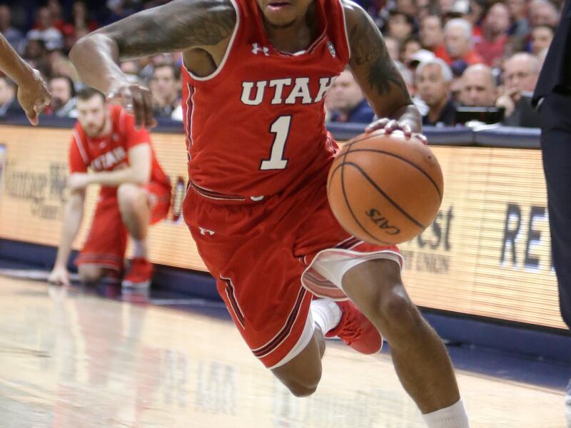Utah guard Justin Bibbins (1) in the first half during an NCAA college basketball game against Arizona, Saturday, Jan. 27, 2018, in Tucson, Ariz. (AP Photo/Rick Scuteri)