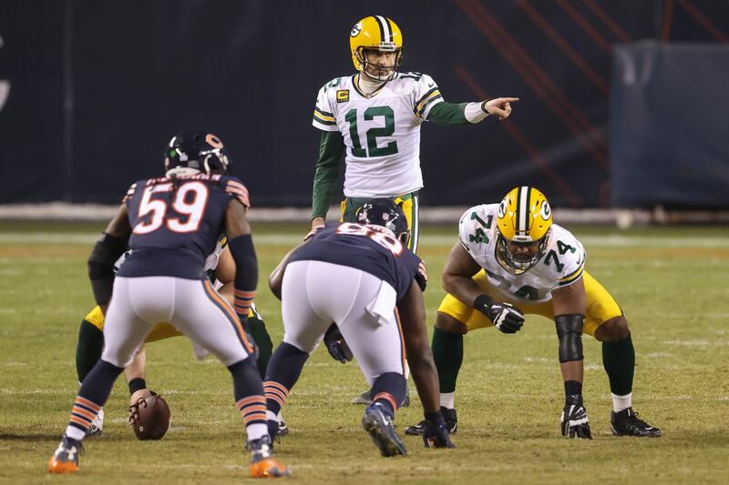 Green Bay Packers quarterback Aaron Rodgers (12) directs his team against the Chicago Bears.