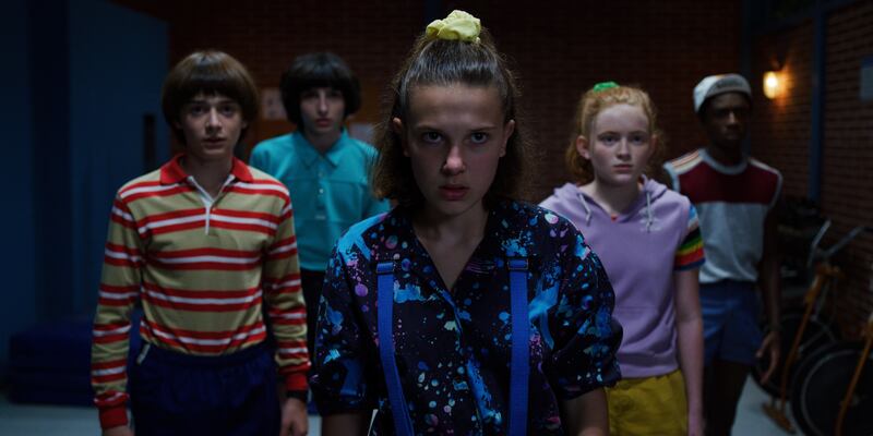 Noah Schnapp, Finn Wolfhard, Millie Bobby Brown, Sadie Sink and Caleb McLaughlin in “Stranger Things 3.”