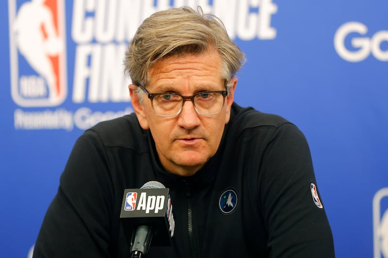 Minnesota Timberwolves head coach Chris Finch listens during a news conference after Game 2 of the NBA basketball Western Conference finals, Friday, May 24, 2024, in Minneapolis.