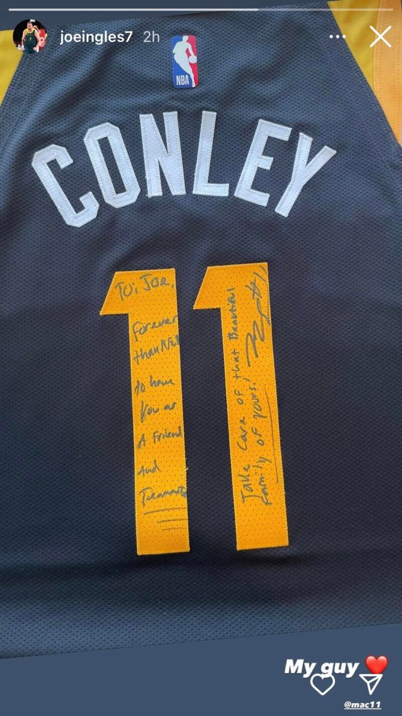 The jersey Utah Jazz guard Mike Conley gave to Joe Ingles.