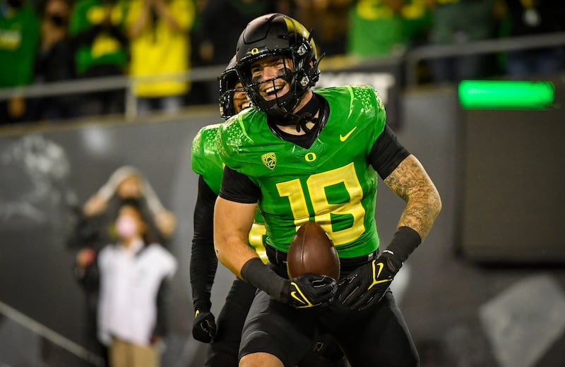 Oregon Ducks tight end Spencer Webb (18) is shown after a touchdown during a college football game against Arizona on Sept. 25, 2021.
