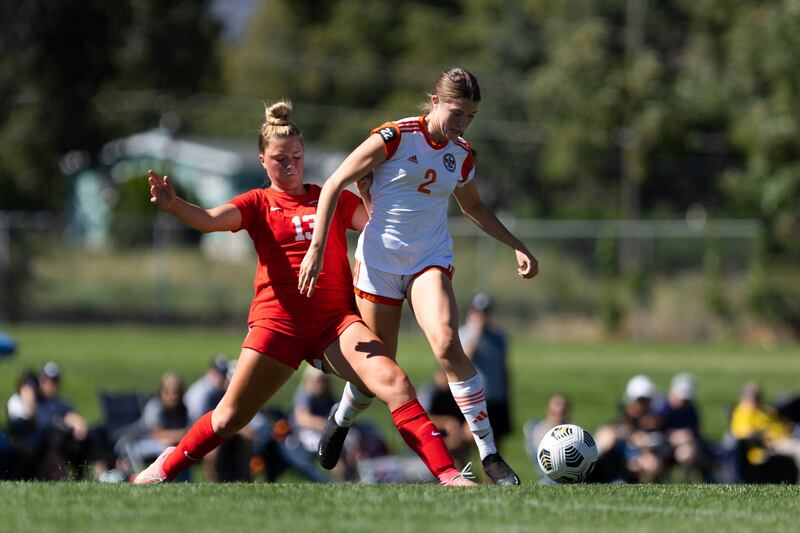 Two soccer players fight for the ball