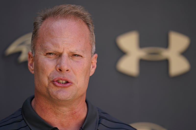 Baltimore Ravens strength and conditioning coach Steve Saunders speaks to reporters during a team availability, Wednesday, April 20, 2022, in Owings Mills, Md.