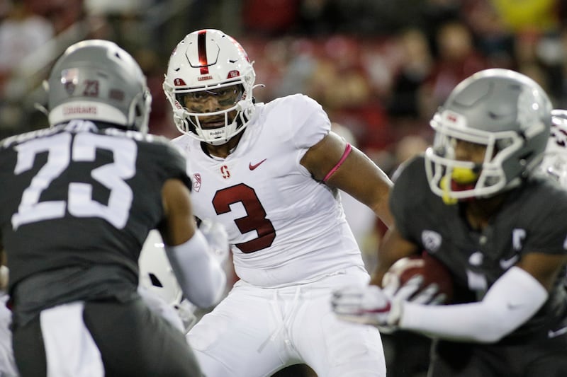 Stanford linebacker Levani Damuni (3) follows a play during game against Washington State, Oct. 16, 2021, in Pullman, Wash.