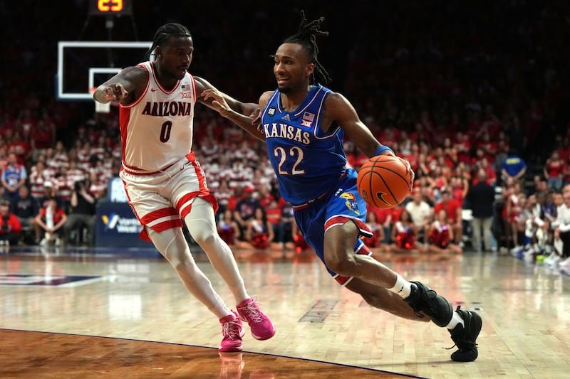 Kansas guard Darryn Peterson during game against Arizona, Saturday, Feb. 28, 2026, in Tucson, Ariz.