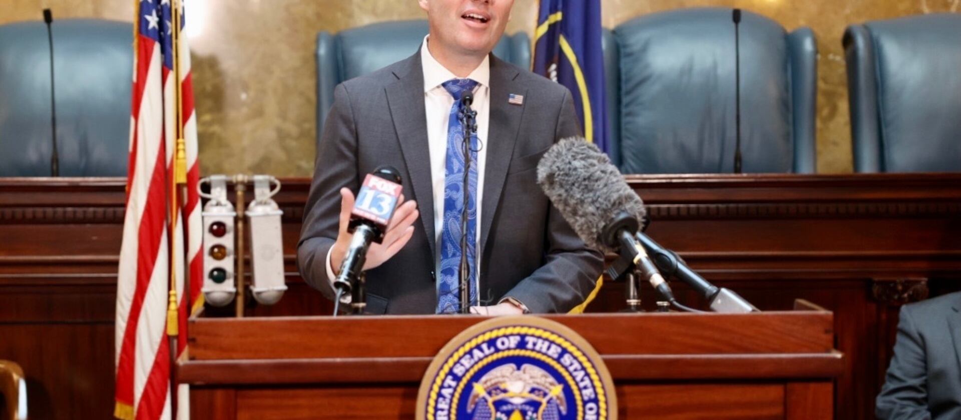 Gov. Spencer Cox speaks during a press conference announcing the automatic record expungement. 