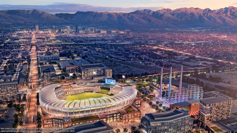 A rendering of the proposed Power District project, including a potential major league baseball stadium.