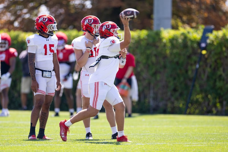 Utah QBs get in some work during fall camp in Salt Lake City on Wednesday, Aug. 6, 2025, as the battle for QB2 duties heat up.