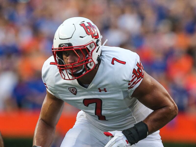 Utah defensive end Van Fillinger at the snap during game against Florida on Saturday, Sept. 3, 2022 in Gainesville, Fla.