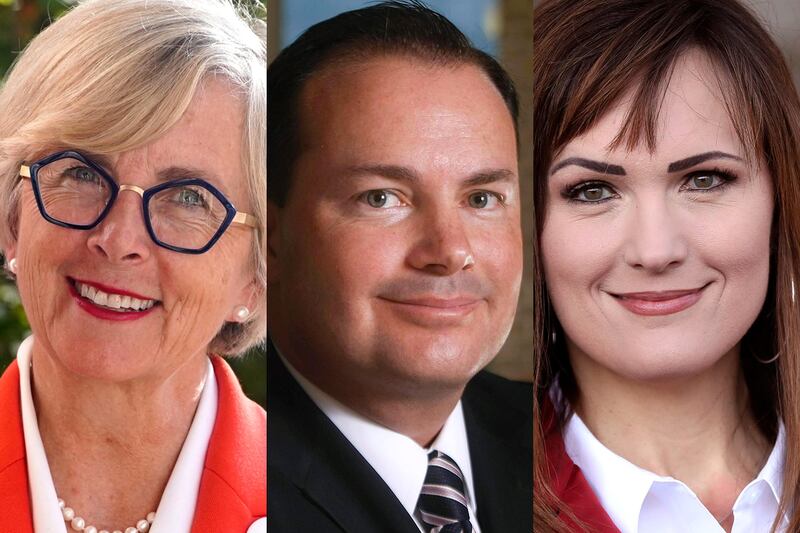 Former state lawmaker Becky Edwards, Sen. Mike Lee, and communications, public policy and campaign strategist Ally Isom.