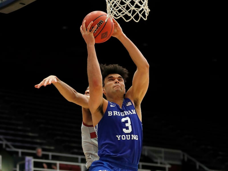 BYU guard Elijah Bryant drives to the basket.
