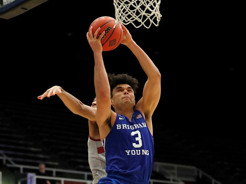 BYU guard Elijah Bryant drives to the basket.