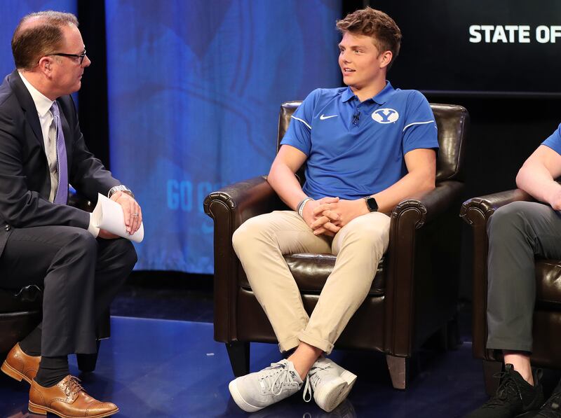 BYU quarterback Zach Wilson is interviewed during football media day in Provo on Tuesday, June 18, 2019.