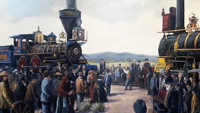 "Unified Together," by Simon Winegar, is on display at Rio Gallery as part of the "Transcontinental: People, Place, Impact" exhibit. This year marks the 150th anniversary of the completion of the Transcontinental Railroad at Promontory Summit.