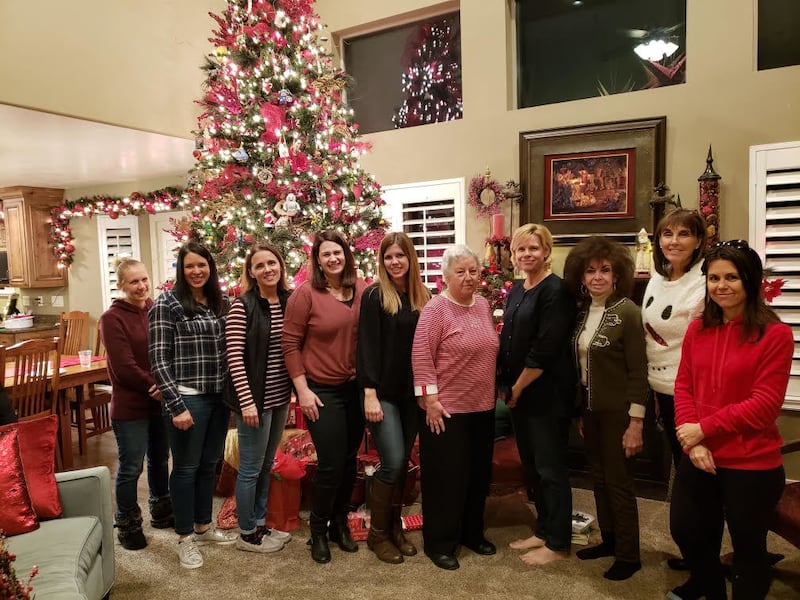 The Christmas gathering of Friendly Persuasion, a local book club. One of the members, Kim (far right), always hosts the Christmas meeting.