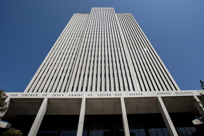The Church Office Building of The Church of Jesus Christ of Latter-day Saints is shown during a general conference in 2020.