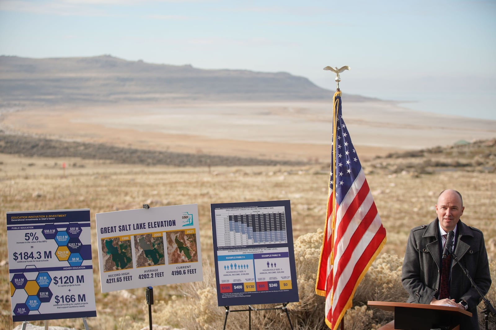 Gov. Spencer Cox speaks unveils his proposed state budget for the next fiscal year at Antelope Island State Park Visitors Center in Syracuse on Tuesday, Dec. 7, 2021.