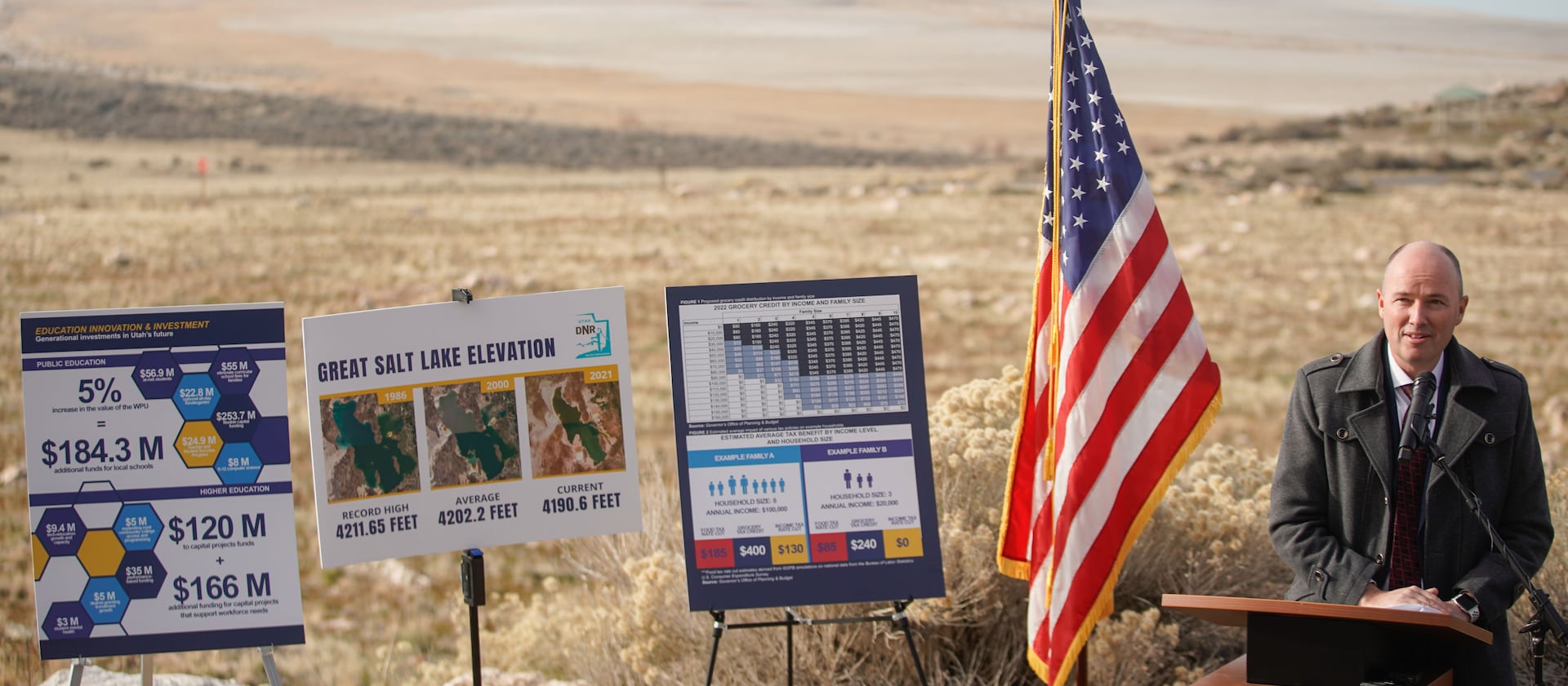 Gov. Spencer Cox speaks unveils his proposed state budget for the next fiscal year at Antelope Island State Park Visitors Center in Syracuse on Tuesday, Dec. 7, 2021.