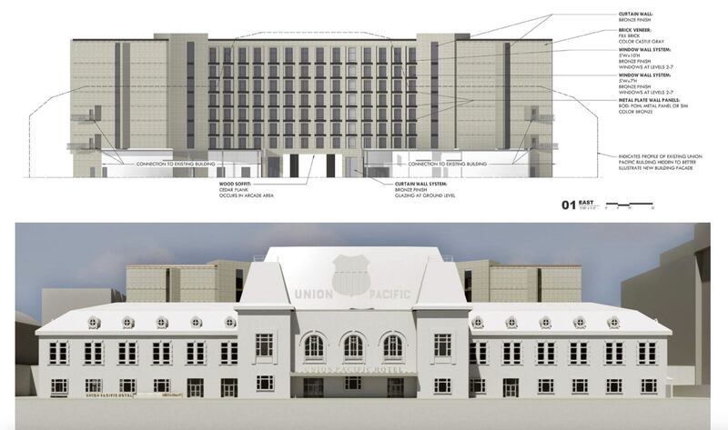 A rendering of an eight-story hotel being proposed in The Gateway around the west face of the historic Union Pacific Depot.