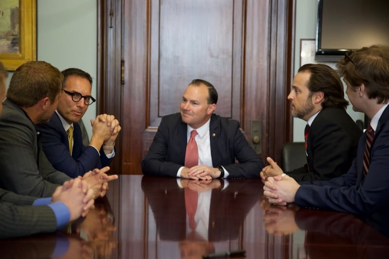 Utah Sen. Mike Lee (center) speaks with (l-r) Tim Ballard, Eric Dowdle and Paul Cardall at the Washington D.C. announcement on June 7, 2018 of the new Utah-based George Washington Museum of American History.