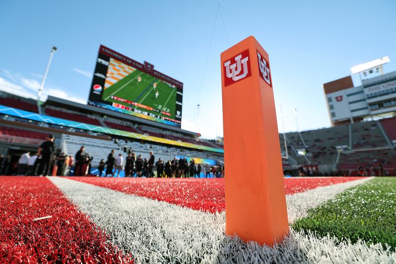 A pylon with the Utah Utes logo sits on the field
