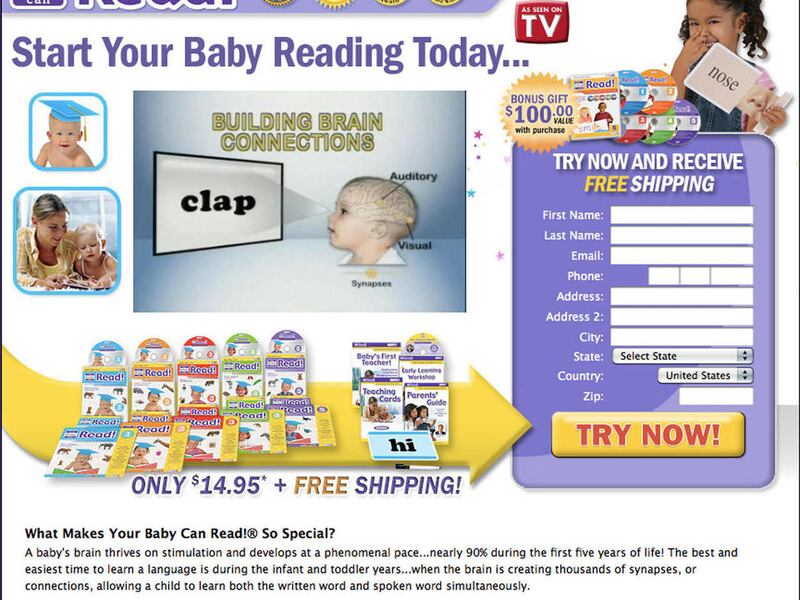 This image made Tuesday, April 12, 2011 shows the website for a product line called Your Baby Can Read. An advocacy group is asking the Federal Trade Commission to halt ads for the products, saying the claims of teaching infants to read are false. The com