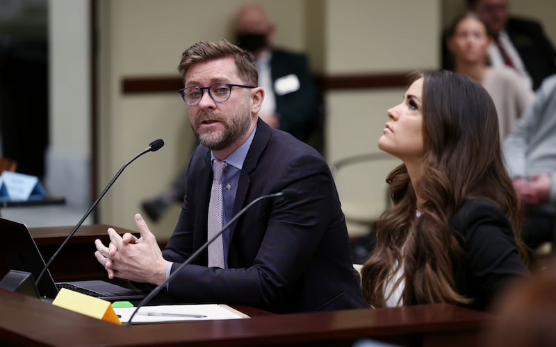 Troy Williams of Equality Utah and Rep. Kera Birkeland speak to a legislative committee.