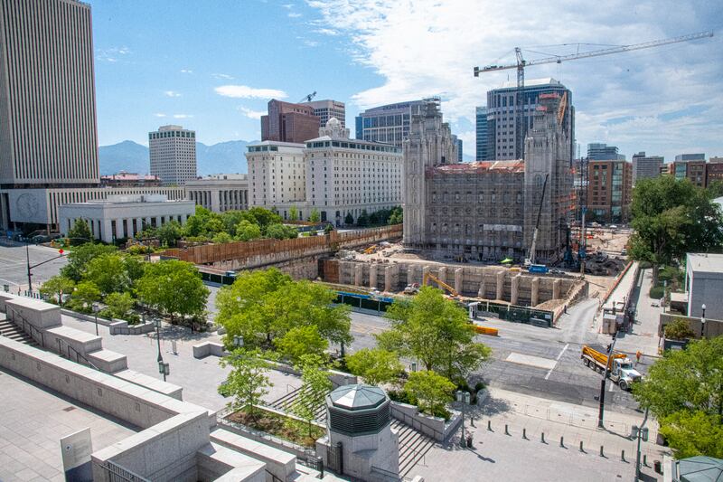 An aerial view of the Salt Lake City Temple excavation and renovation project from the roof of the Conference Center.