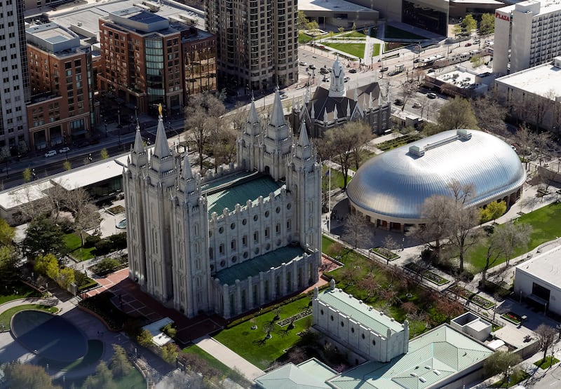 Temple Square and downtown Salt Lake City on Thursday, April 18, 2019.
