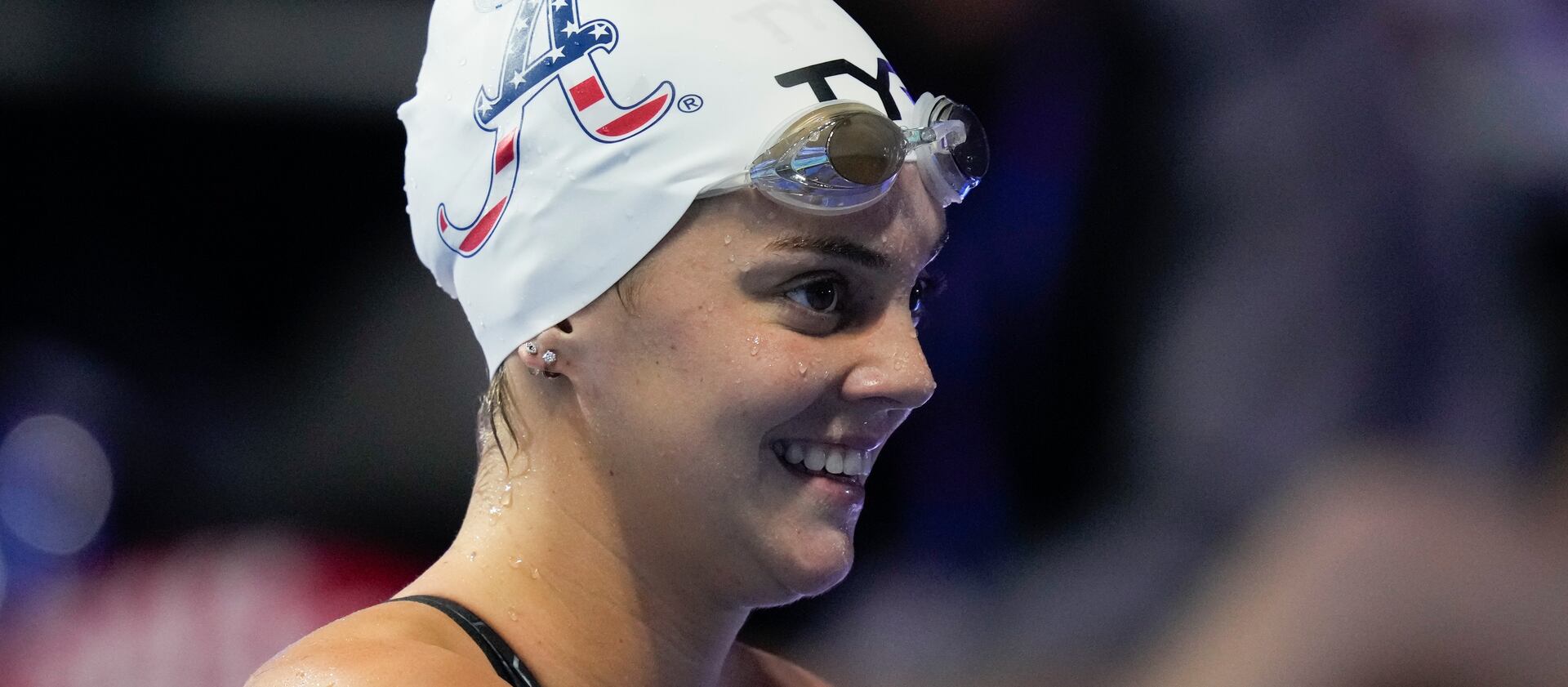 Former Cottonwood High swimmer Rhyan White shows joy after winning a heat at the 2021 U.S. Olympic Swim Trials in Nebraska.