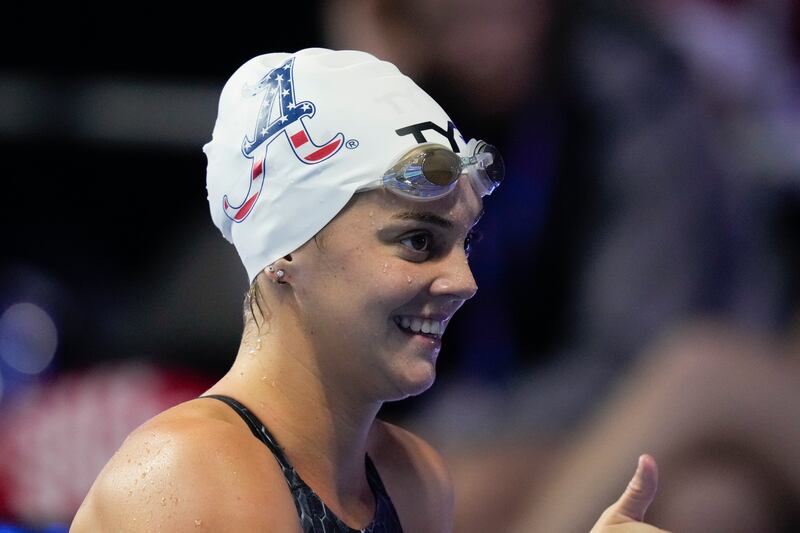 Former Cottonwood High swimmer Rhyan White shows joy after winning a heat at the 2021 U.S. Olympic Swim Trials in Nebraska.