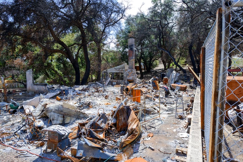 The skeleton of a burned-out home is shown seven months after the Airport Fire in El Cariso, California.