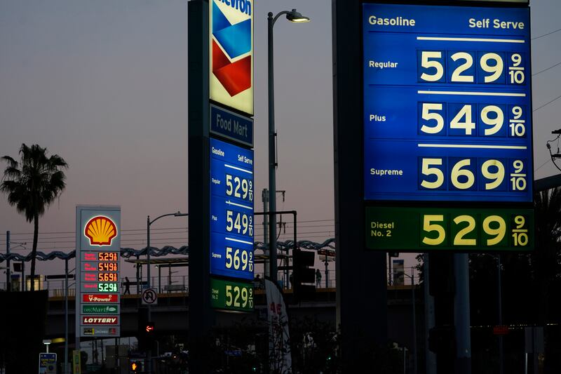 Gas prices are advertised at more than $5 a gallon Monday, Feb. 28, 2022, in Los Angeles.