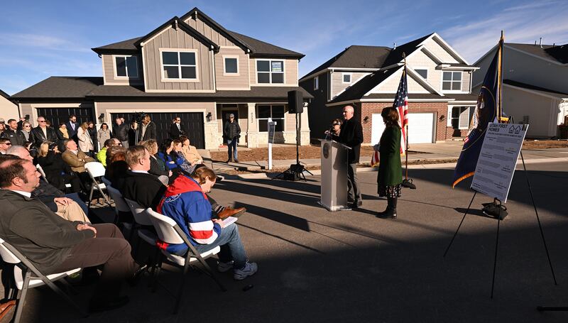 Gov. Spencer Cox and Lt. Gov. Deidre Henderson announce their state budget proposal at a press conference in West Haven on Dec. 5, 2023.
