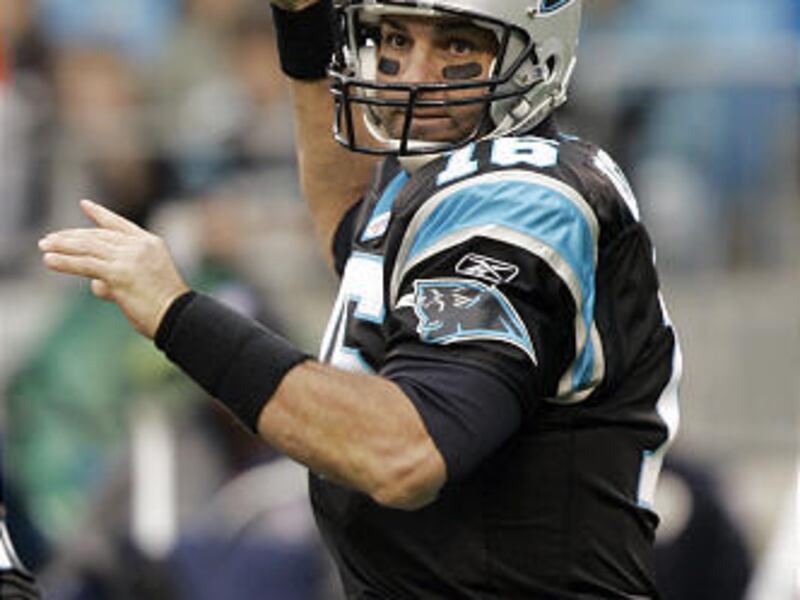 Carolina Panthers' Vinny Testaverde (16) throws a pass during the first half of their 31-14 win over the San Francisco 49ers in a game Dec. 2. At 44 years old Testaverde said Saturday that he'll retire after Carolina's season finale at Tampa Bay on Sunday