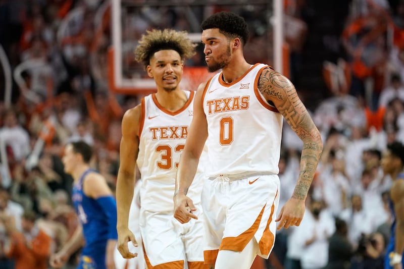 Texas forward Timmy Allen (0) celebrates during game against Kansas, Monday, Feb. 7, 2022, in Austin, Texas.
