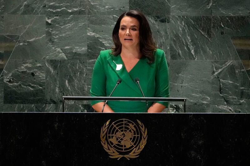 Hungary’s President Katalin Novak addresses the 78th session of the United Nations General Assembly.